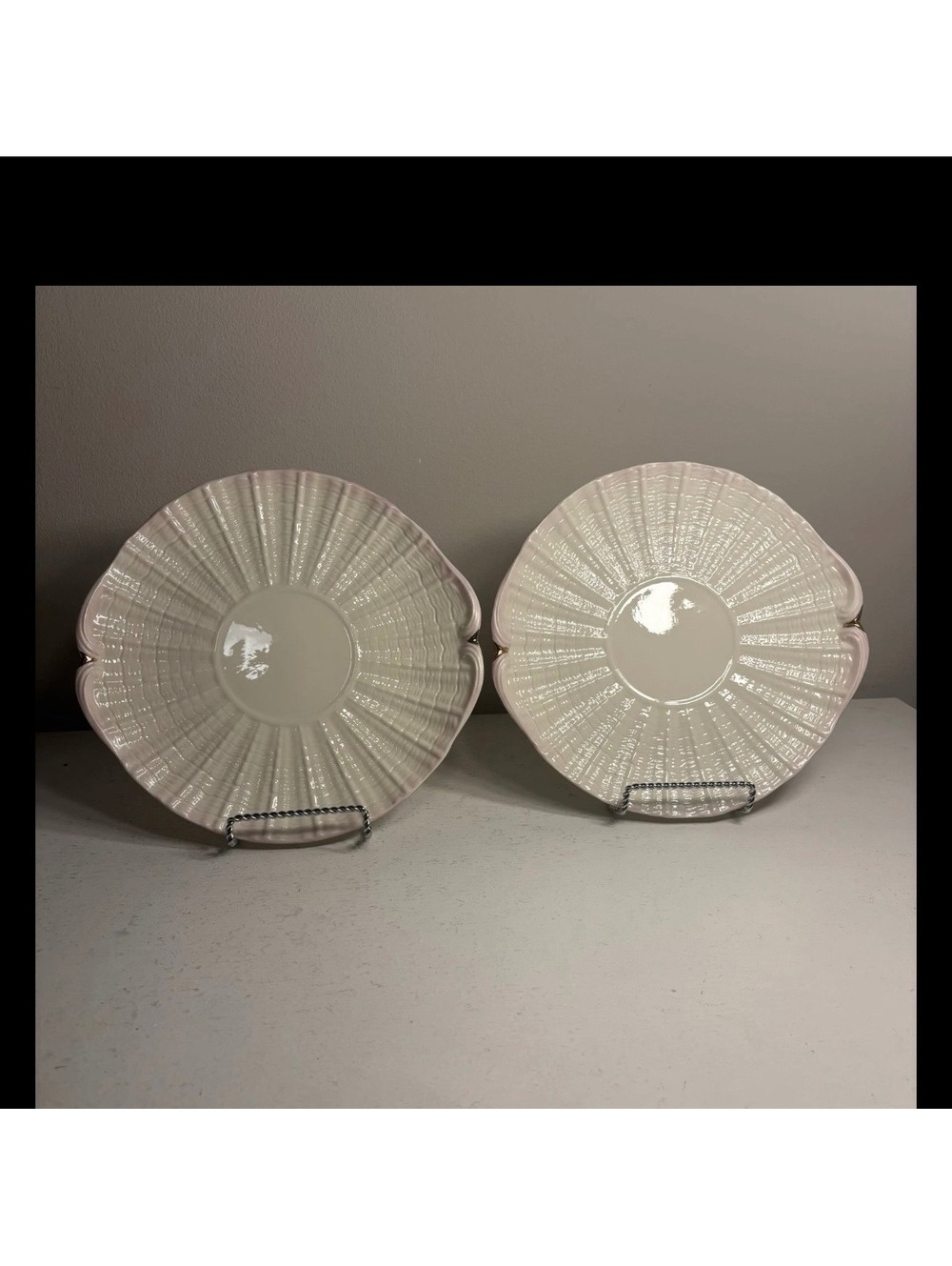 Belleek Pottery Ireland Neptune Pink Gold Trim Cake Plate set of 2